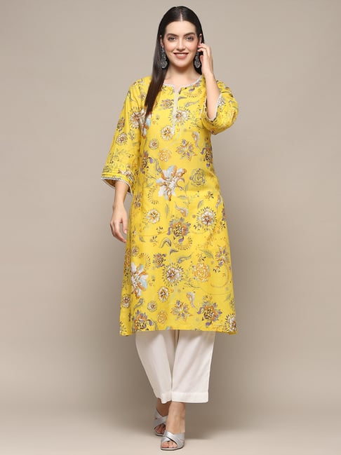 Biba Yellow Cotton Printed Straight Kurta-picture-22