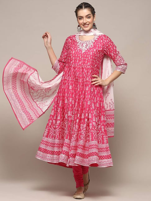 Biba Pink Cotton Printed Kurta Churidar Set With Dupatta