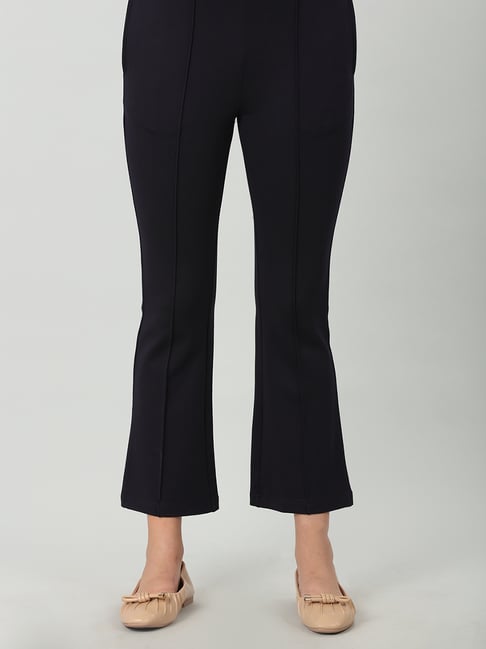 Mustard Navy Crepe Regular Fit Mid Rise Pants-picture-21