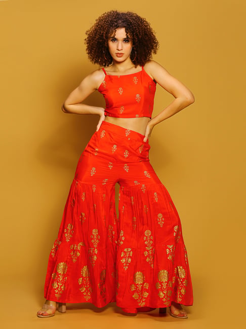Sera Red Floral Print Crop Top With Palazzos
