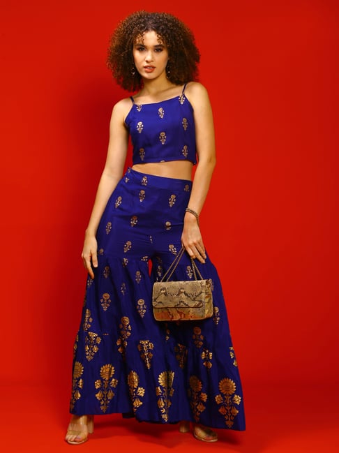Sera Blue & Gold Floral Print Crop Top With Palazzos