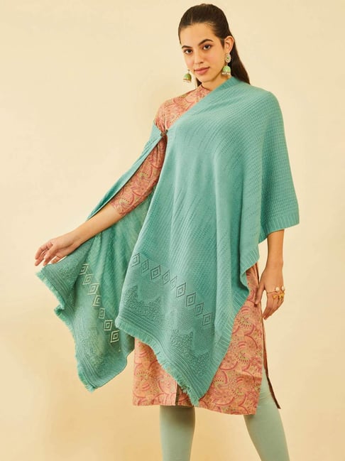 Soch Turquoise Blue Acrylic Woven Design Winter Shawl