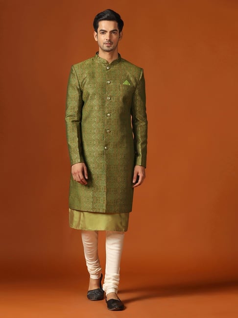 KISAH Green Regular Fit Self Pattern Sherwani Set