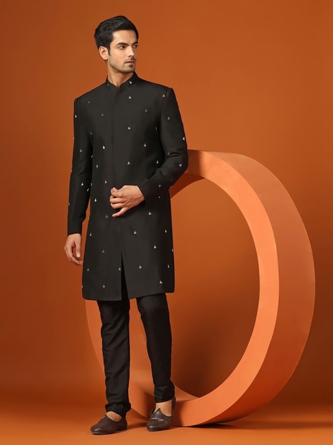 KISAH Black Regular Fit Embroidered Sherwani Set