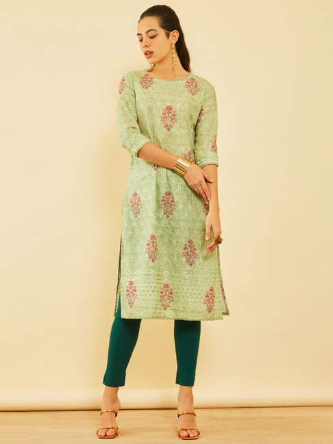 Soch Sap Green Poly Cotton Floral Printed Kurta With Embroidered Details