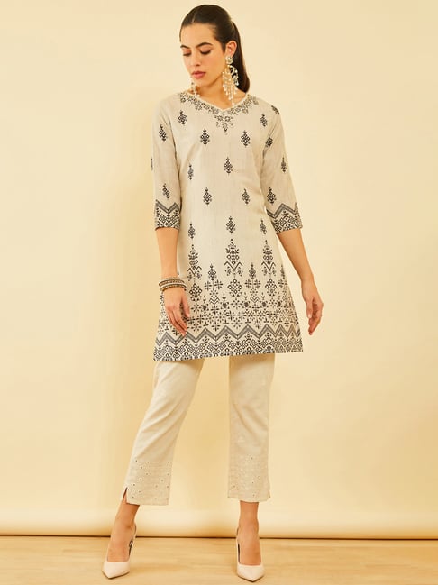 Soch Beige Poly Muslin Floral Printed Kurta With Cutdana-picture-39
