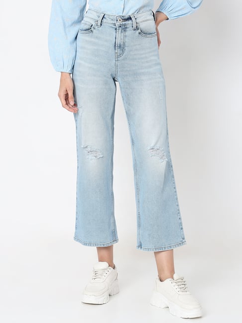 Vero Moda Light Blue Cotton Distressed Relaxed Fit High Rise Jeans