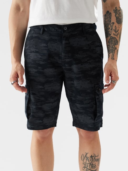 The Souled Store Blue Cotton Loose Fit Camouflage Cargo Shorts