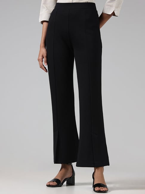 Wardrobe by Westside Solid Black Slit Ponte Trousers