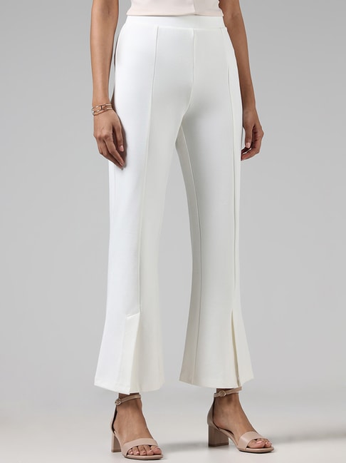 Wardrobe by Westside Solid Off White Slit Ponte Trousers