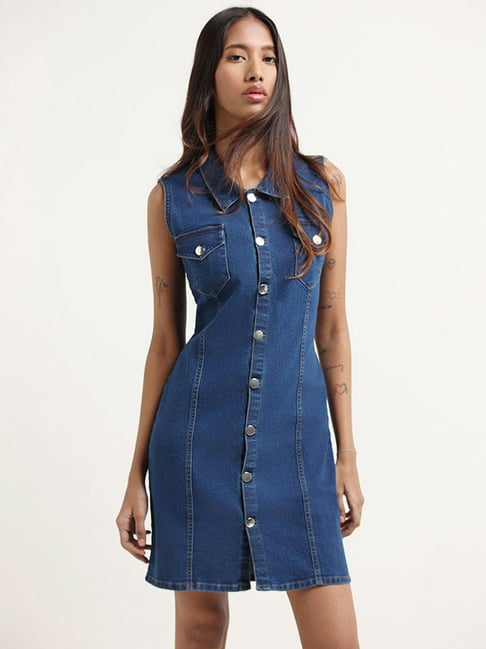 Buy HI-FASHION Bottom Embroidered Collared Denim Dress for Women S Blue at  Amazon.in