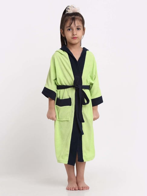 Creeva Melodious Parrot Green & Navy Terry 225 GSM Kids Hooded Bathrobe 12-13 Years With Pocket