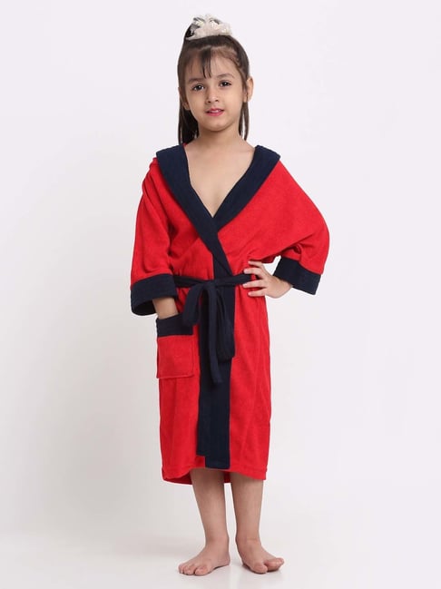 Creeva Melodious Red & Navy Micro Terry 225 GSM Kids Hooded Bathrobe 6-7 Years With Pocket