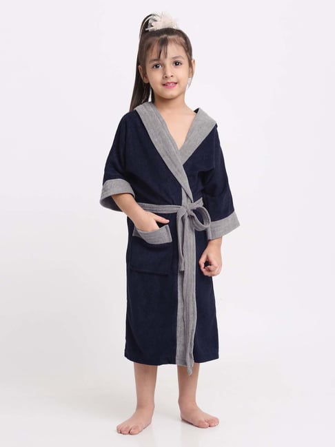 Creeva Melodious Navy & Grey Micro Terry 225 GSM Kids Hooded Bathrobe 6-7 Years With Pocket