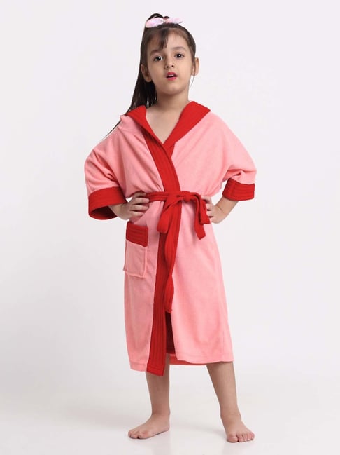 Creeva Melodious Pink & Red Micro Terry 225 GSM Kids Hooded Bathrobe 10-11 Years With Pocket