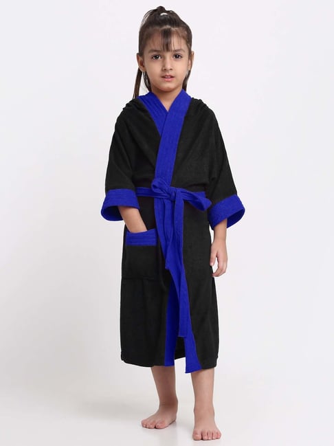 Creeva Melodious Black & Turkish Micro Terry 225 GSM Kids Hooded Bathrobe 14-15 Years With Pocket