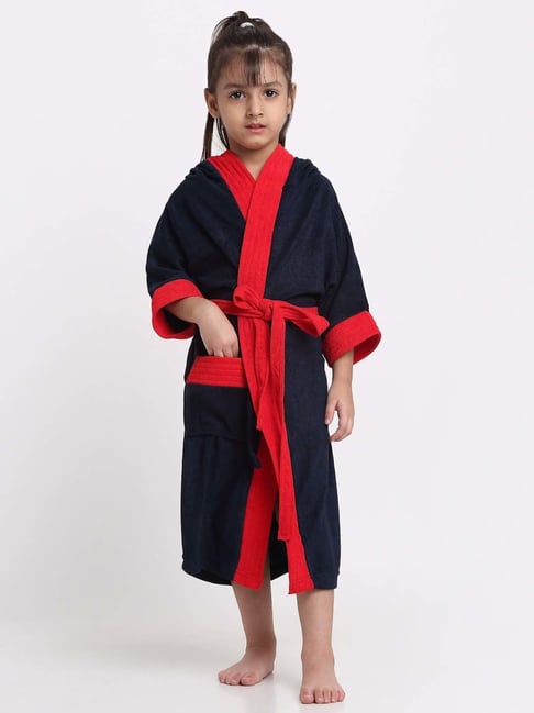 Creeva Melodious Navy & Red Micro Terry 225 GSM Kids Hooded Bathrobe 10-11 Years With Pocket