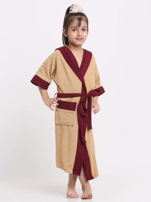 Creeva Melodious Camel & Wine Micro Terry 225 GSM Kids Hooded Bathrobe 8-9 Years With Pocket