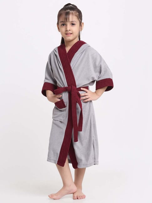 Creeva Melodious Grey & Wine Micro Terry 225 GSM Kids Hooded Bathrobe 6-7 Years With Pocket