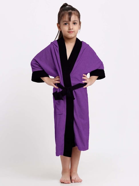 Creeva Melodious Indigo & Black Micro Terry 225 GSM Kids Hooded Bathrobe 14-15 Years With Pocket