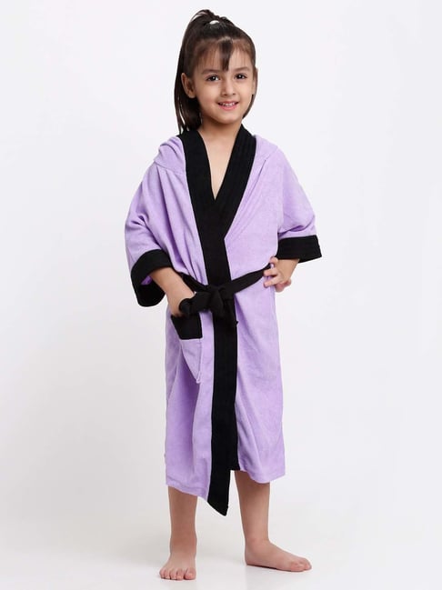 Creeva Melodious Lilac & Black Micro Terry 225 GSM Kids Hooded Bathrobe 14-15 Years With Pocket