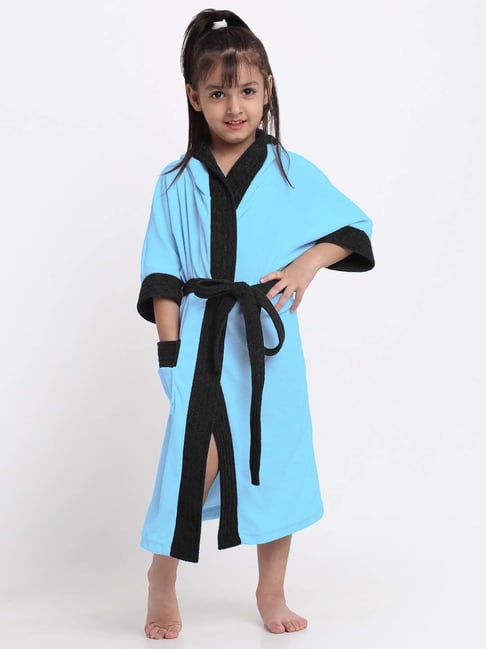 Creeva Melodious Ocean Blue & Black Micro Terry 225 GSM Kids Hooded Bathrobe 8-9 Years With Pocket