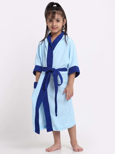 Creeva Melodious Sky Blue & Turkish Micro Terry 225 GSM Kids Hooded Bathrobe 10-11 Years With Pocket