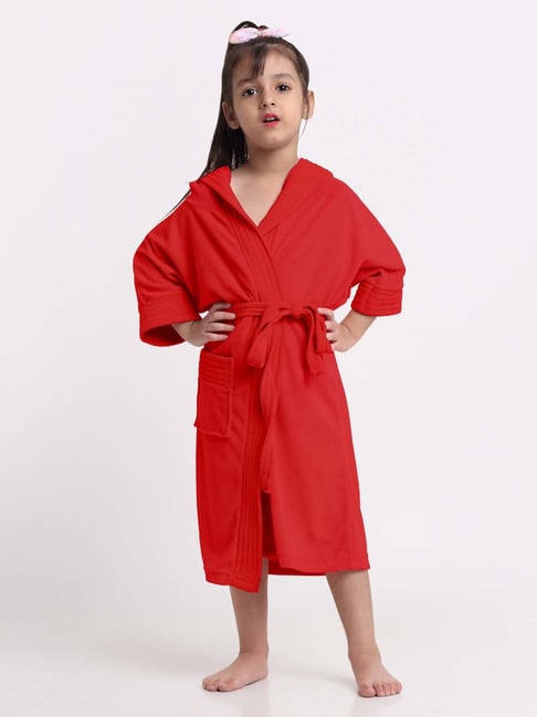 Creeva Melodious Red Micro Terry 225 GSM Kids Hooded Bathrobe 14-15 Years With Pocket