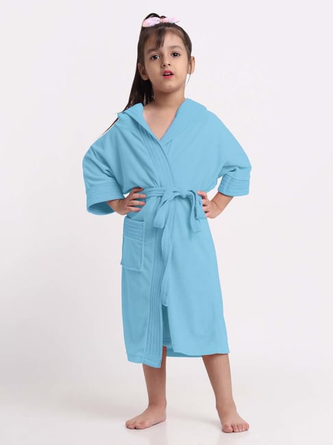 Creeva Melodious Ocean Blue Micro Terry 225 GSM Kids Hooded Bathrobe 12-13 Years With Pocket