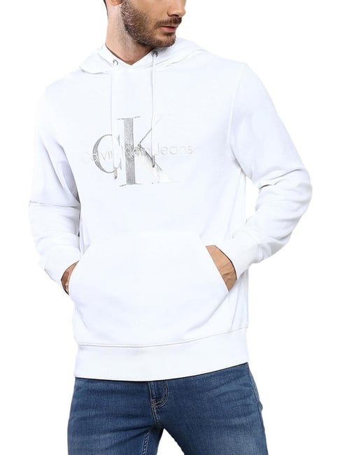 Buy Calvin Klein Bright White Regular Fit Embroidered Hooded