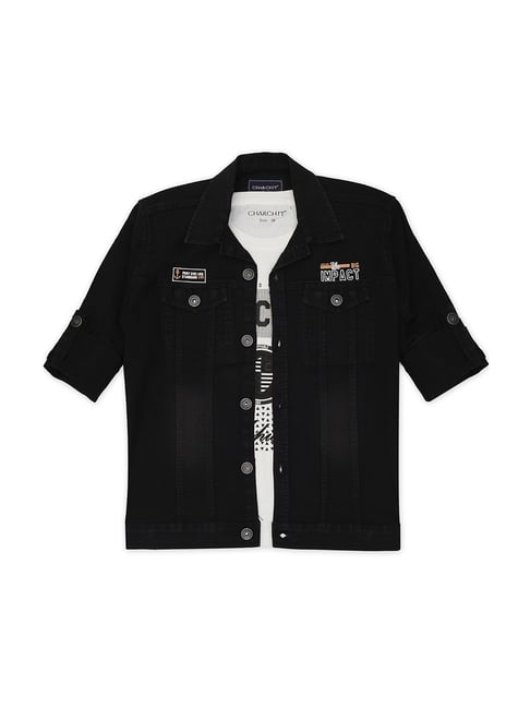 Cavio Kids Black White Printed Full Sleeves T-Shirt with Jacket