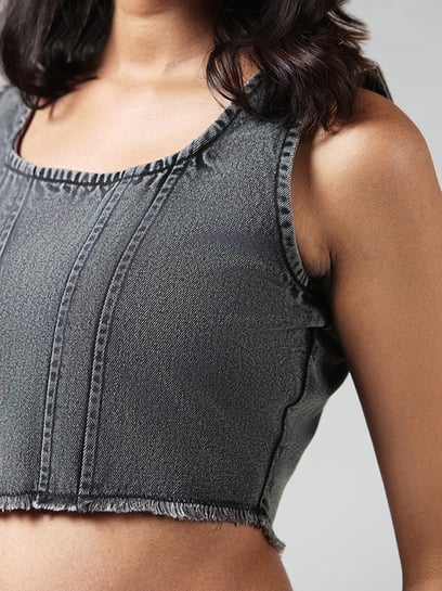 Nuon by Westside Solid Grey Denim Crop Top