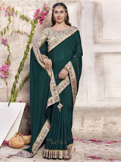 Satrani Pista Green Embroidered Saree With Unstitched Blouse