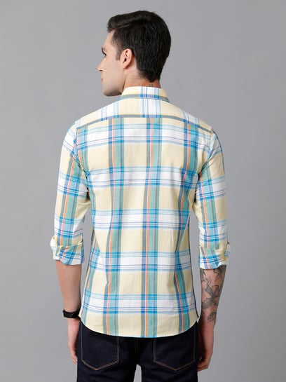 Buy CAVALLO by Linen Club Yellow Slim Fit Check Cotton Linen Shirt