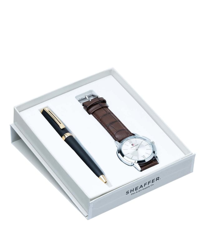 Sheaffer Sagari Slim Glossy Black Color Body With Gold Clip Medium Tip  Twist Type Ball Pen With Table Watch Gift Set SKU 20075