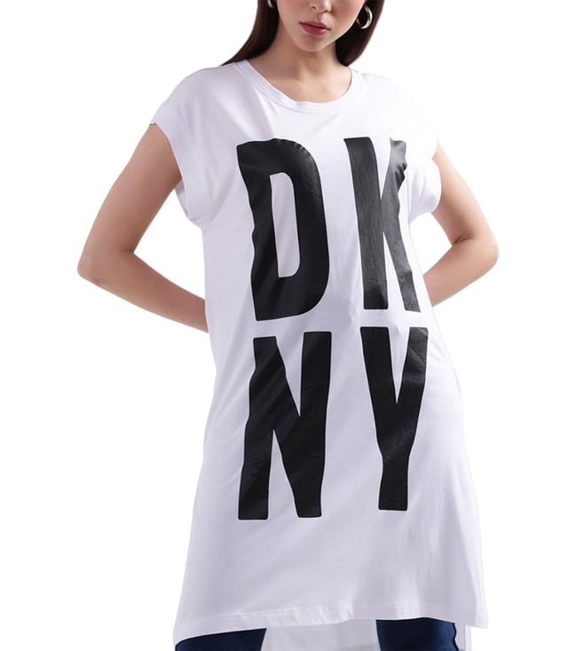 Buy Dkny White Logo Regular Fit T-Shirt for Women Online @ Tata CLiQ Luxury