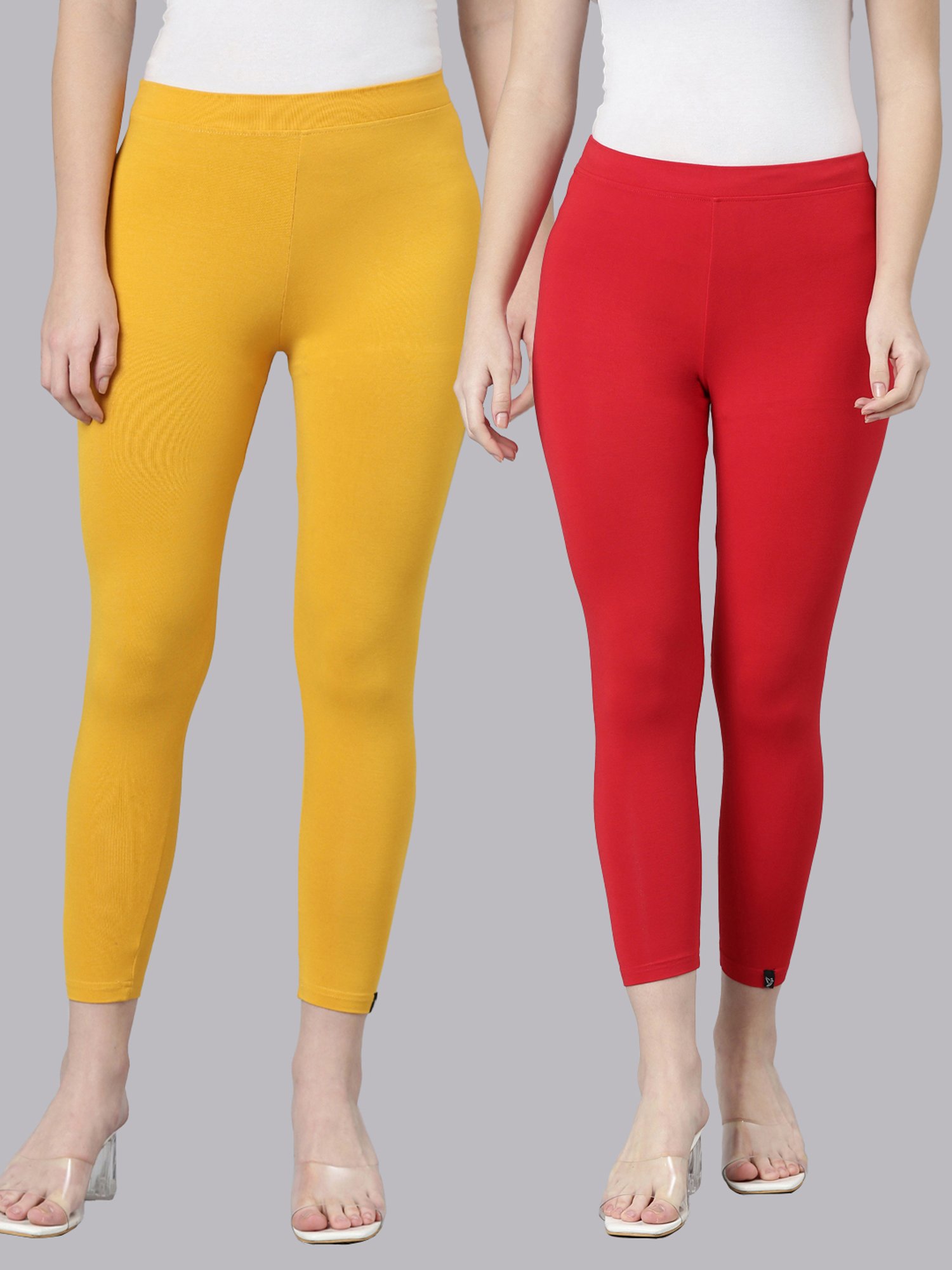 TWIN BIRDS Yellow & White Plain Cropped Leggings - Pack Of 2