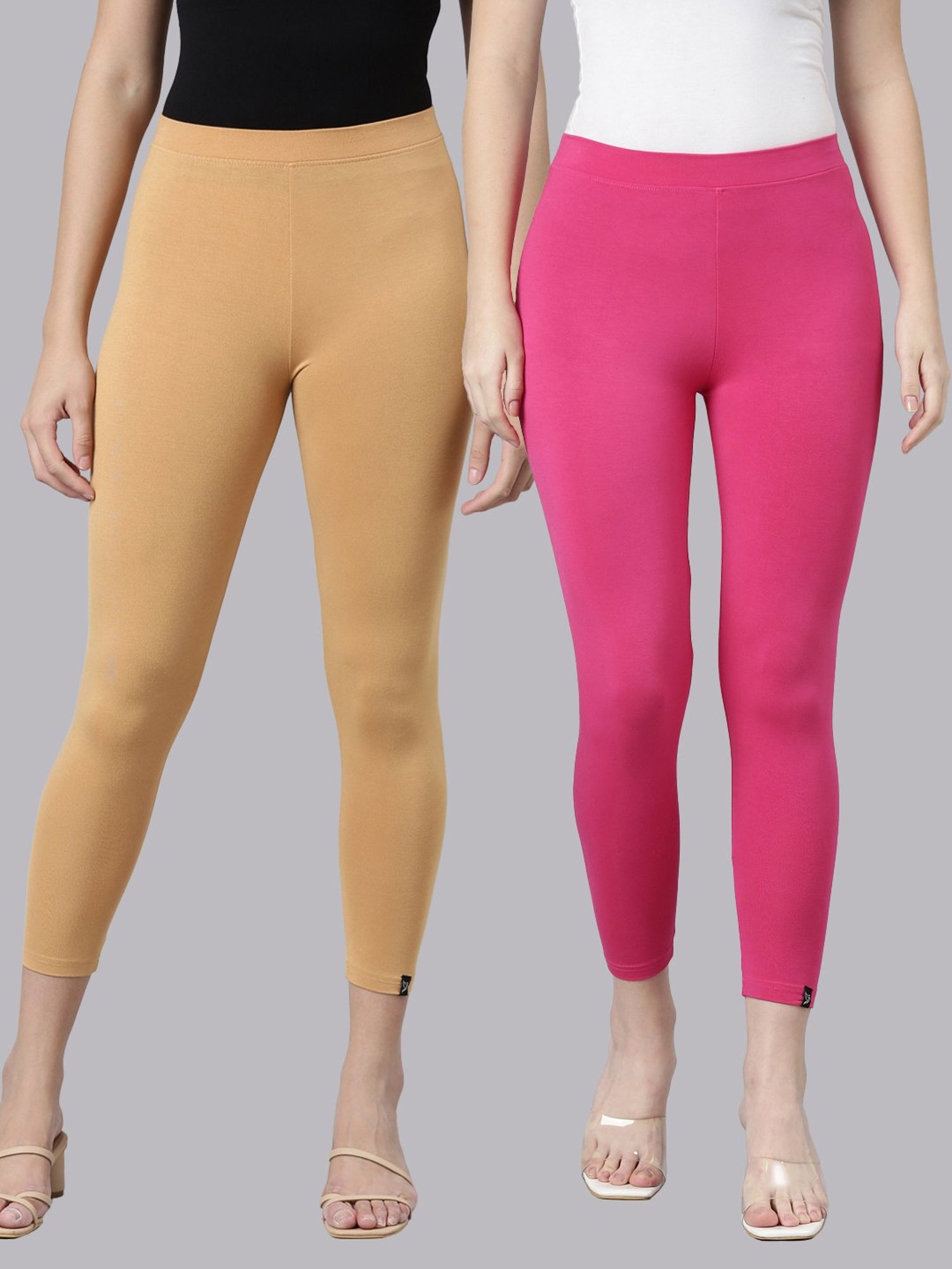 TWIN BIRDS Beige & Pink Plain Cropped Leggings - Pack Of 2