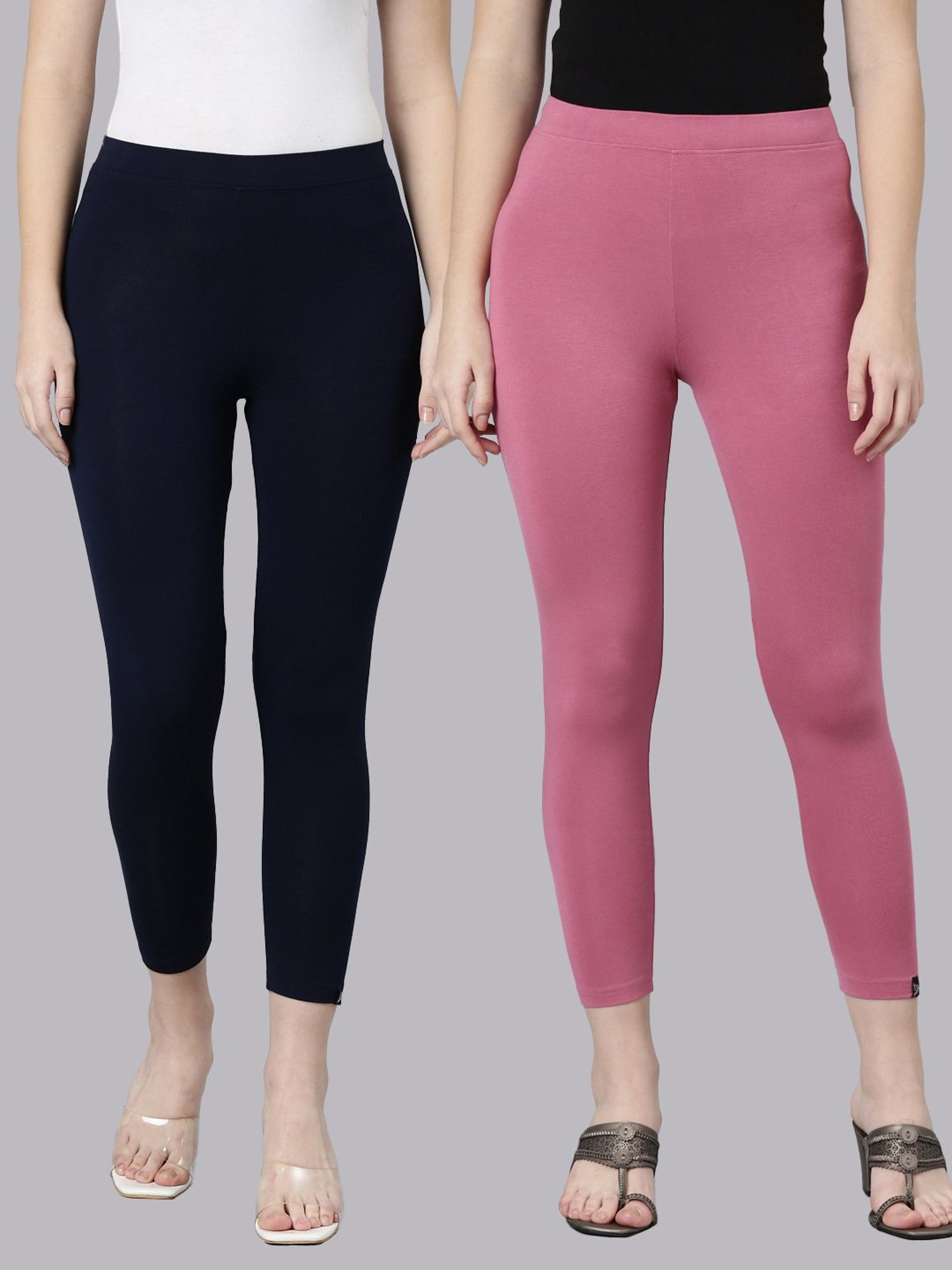 TWIN BIRDS Navy & Pink Plain Cropped Leggings - Pack Of 2