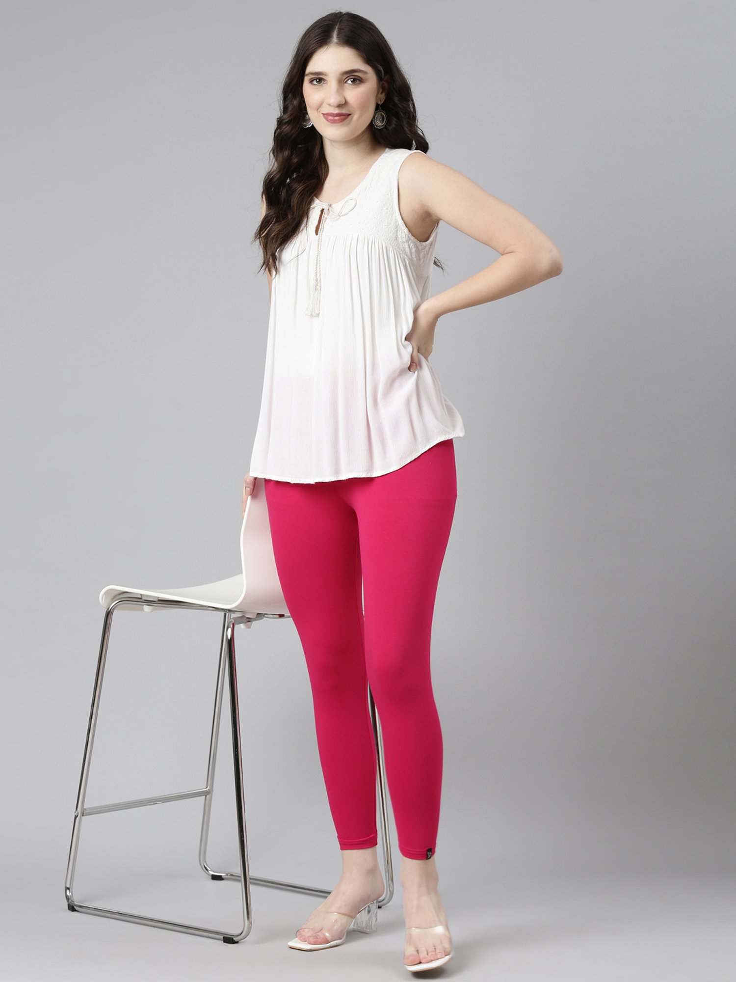 TWIN BIRDS Pink & White Plain Cropped Leggings - Pack Of 2