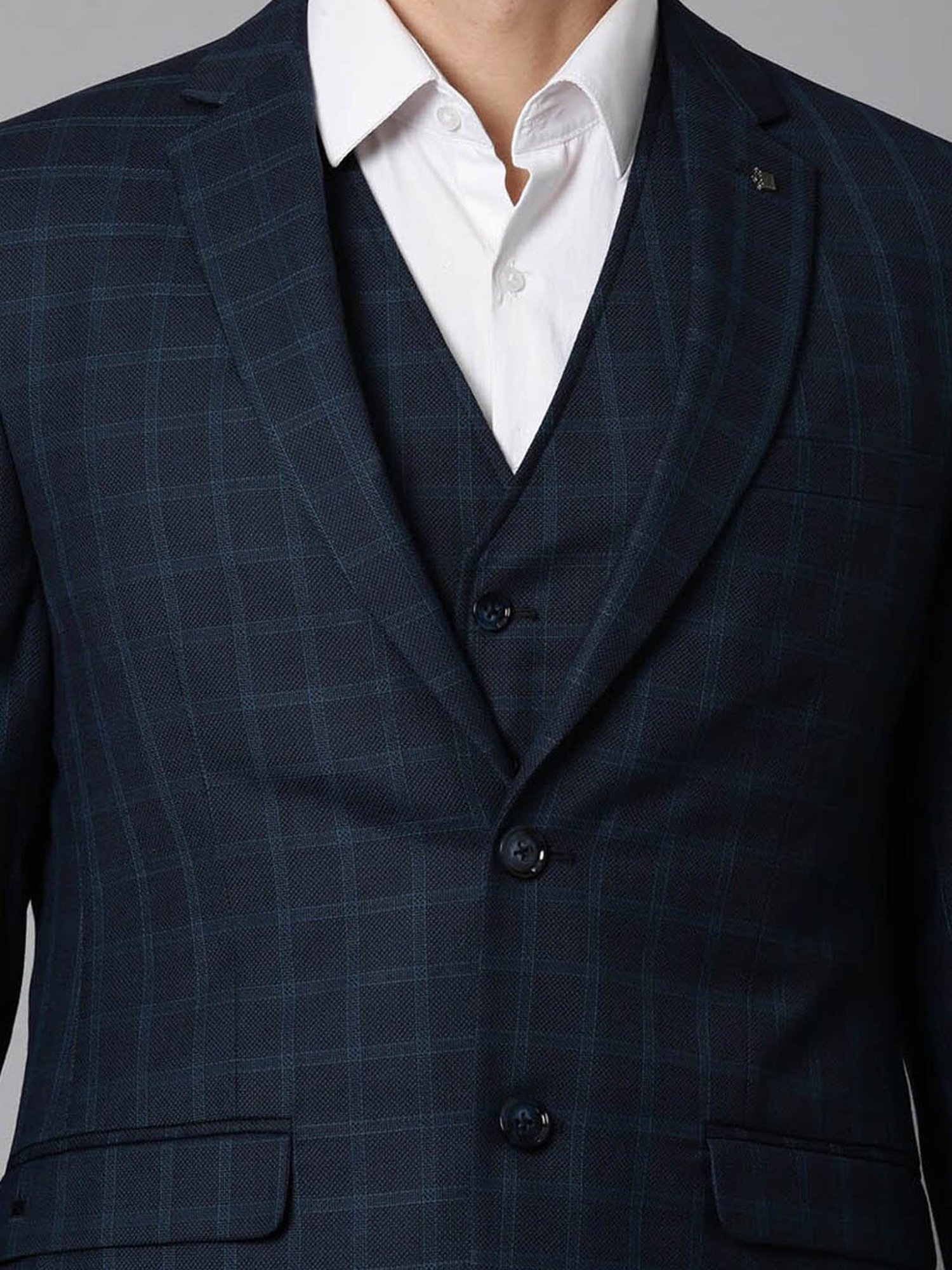 Louis Philippe Navy Blue Slim Fit Checks Three Piece Suit