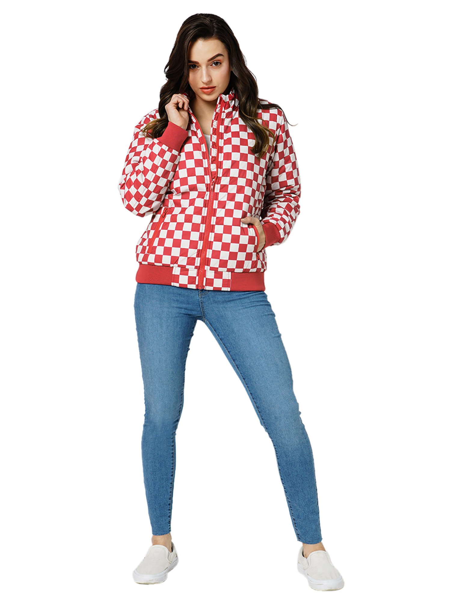 JDY By Only Red & White Checks Puffer Jacket