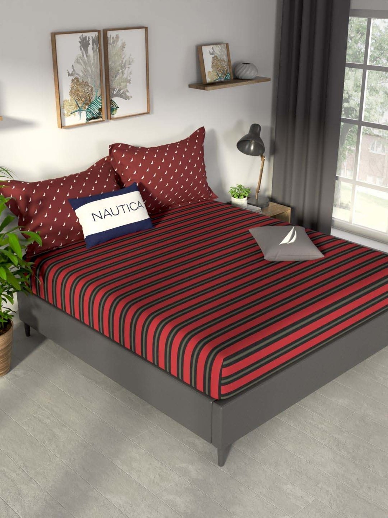 Buy NAUTICA Pacific Coast Rust & Denim Cotton King Bedsheet at