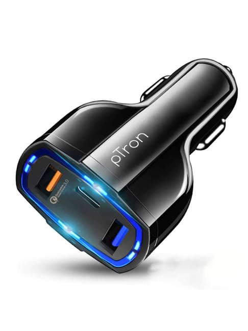 PTron 36W Quick Charge 3.0 Triple Port USB Smart Car Charger (Bullet Pro, Black)