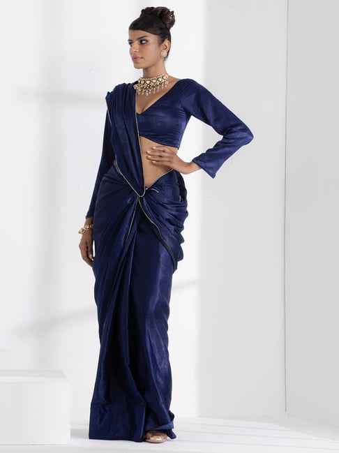 Blue Color Fancy Embroidery Border Velvet Saree – Amrutamfab