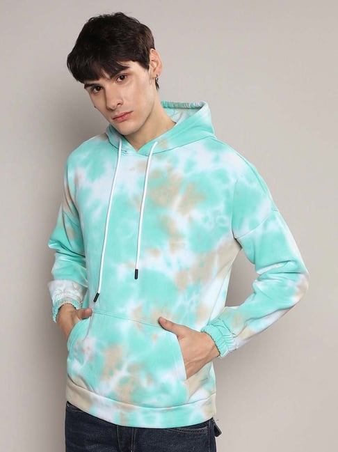 Campus Sutra White Mint Green Regular Fit Tie Dye Hooded