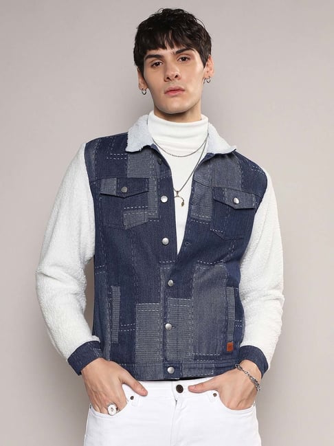 Buy Campus Sutra Men's Light-Washed Blue & Grey Regular Fit Denim Jacket  For Winter Wear | Hooded Collar | Full Sleeve | Buttoned | Casual Denim  Jacket For Man | Western Stylish