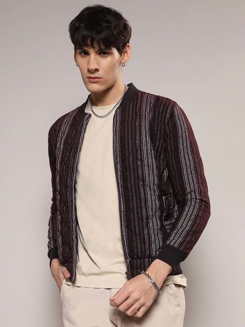 Campus Sutra Grey & Brown Regular Fit Striped Bomber Jacket-picture-47