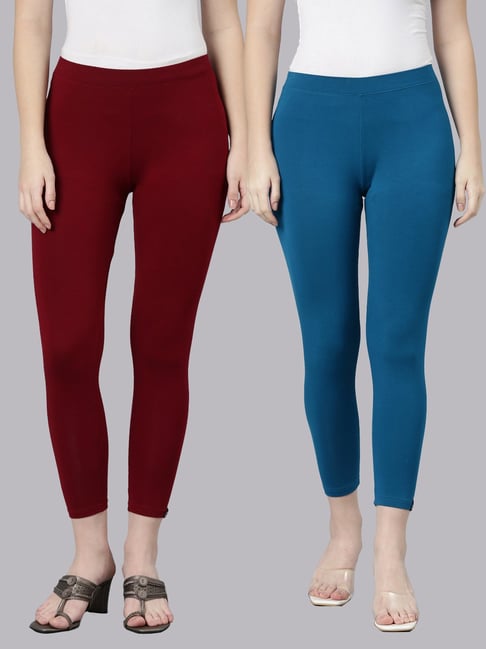 TWIN BIRDS Maroon & Blue Plain Cropped Leggings - Pack Of 2