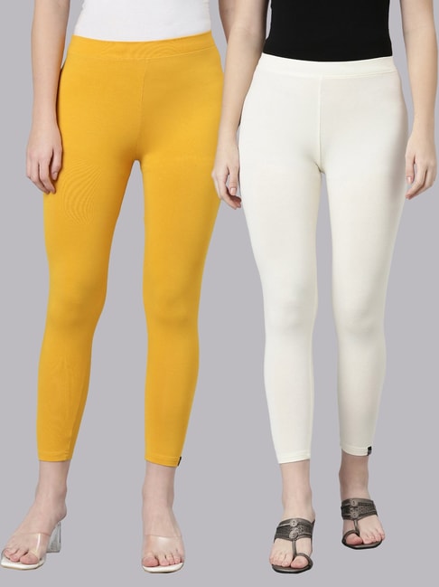 TWIN BIRDS Yellow & White Plain Cropped Leggings - Pack Of 2